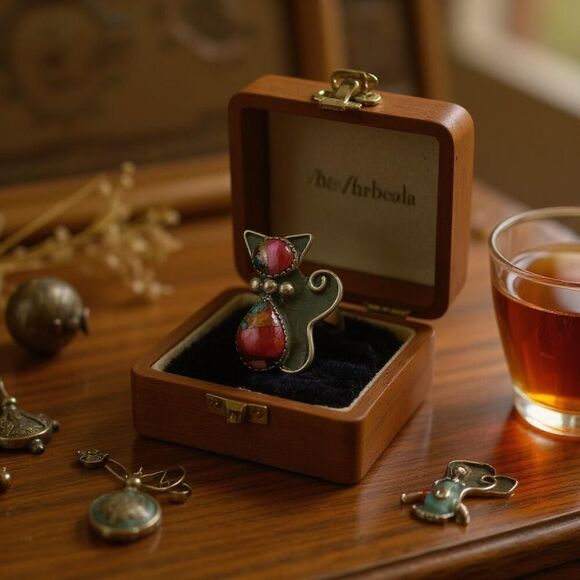 Spiny Pink Dahlia Turquoise Cat Adjustable Ring Artisan Handmade Sterling Silver - Picture 2 of 6